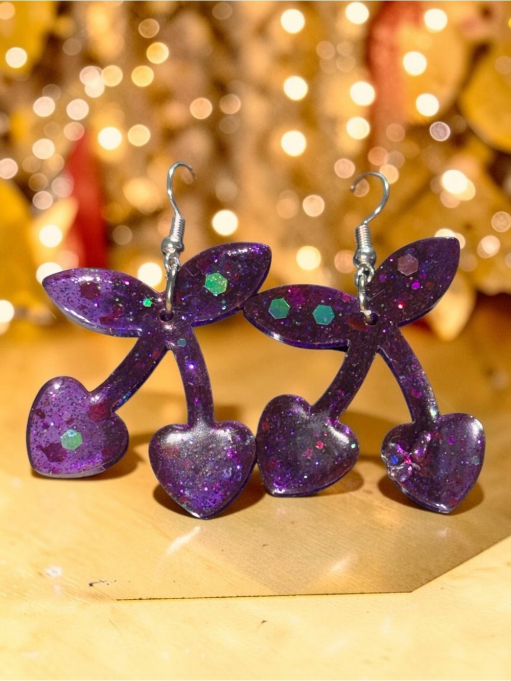 Handmade Purple Glitter Cherry Resin Dangle Earrings - Picture 3 of 6